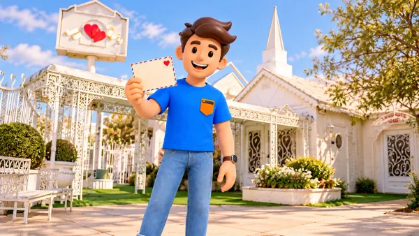 Mascot outside Little White Wedding Chapel, artistic illustration