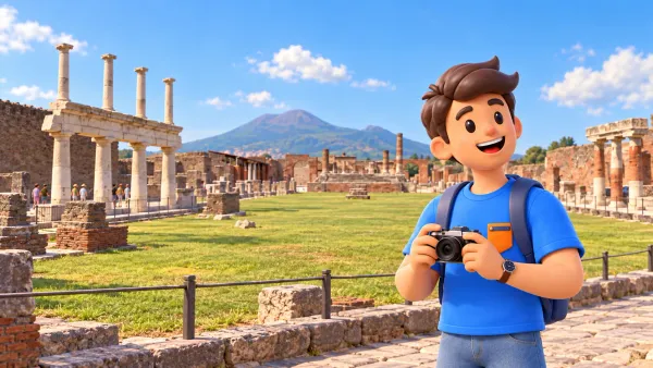 Traveller with a camera at Pompeii Forum with Vesuvius beyond