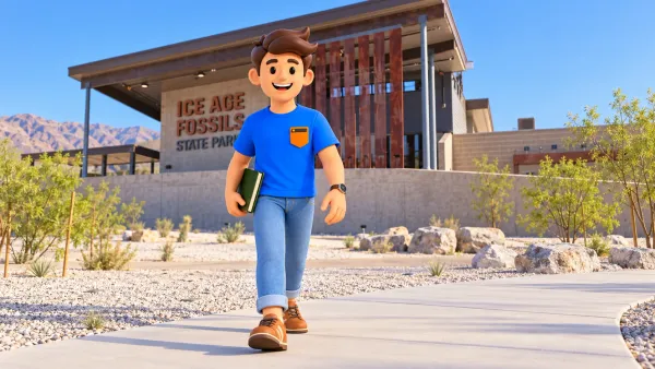 Mascot outside Ice Age Fossils State Park visitor center, illustration
