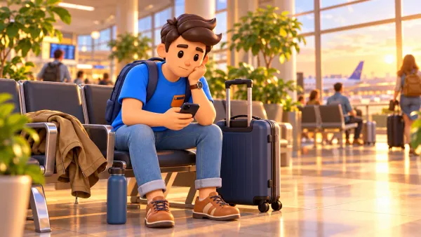 Traveller considering an onward journey in a generic arrivals lounge
