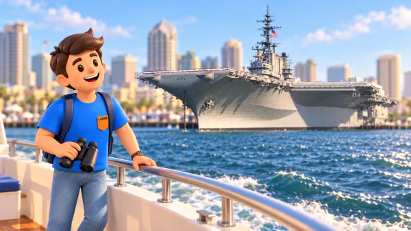Traveller looking at USS Midway from a leisure boat