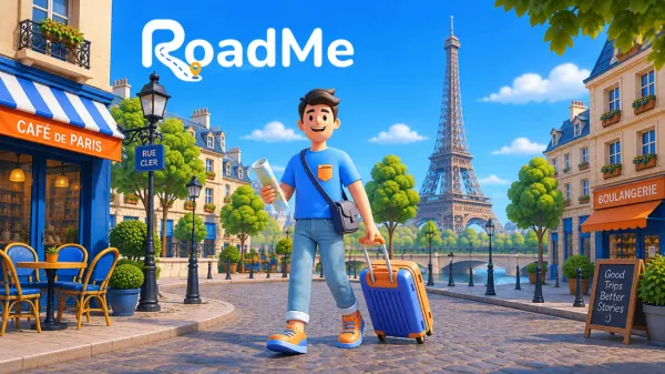 Le personnage de RoadMe avec une valise dans une rue parisienne, près de la tour Eiffel