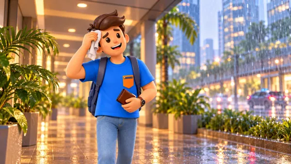 Traveller with a closed wallet pausing under shelter during tropical rain