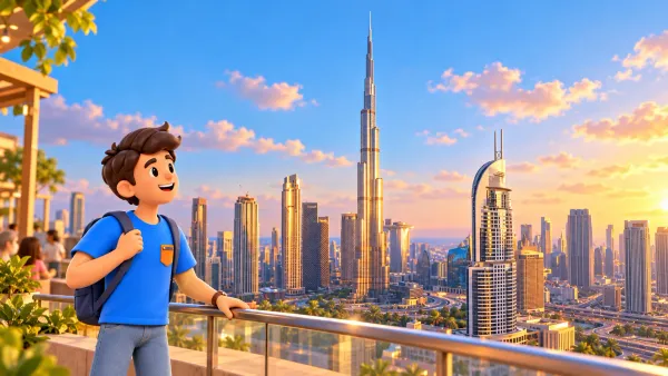 Reisender blickt von einer Stadtterrasse auf den Burj Khalifa