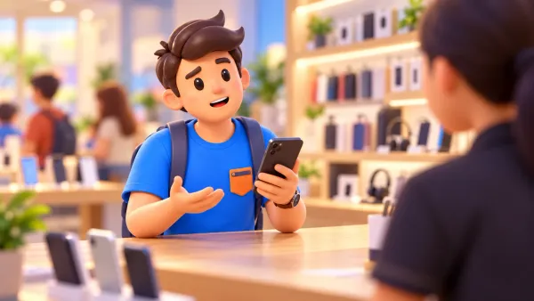 Traveller asking about mobile service in a conceptual shop scene