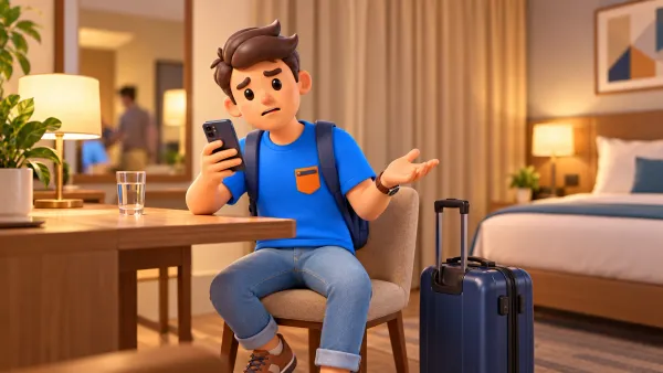 Traveller with a smartphone in a hotel room