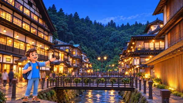 Ginzan Onsen riverside wooden inns and bridges at blue hour