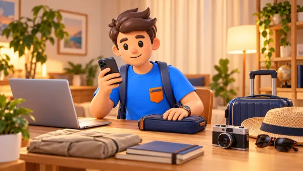 Preparing travel arrangements with a phone and luggage