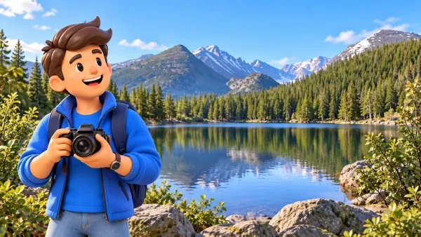 Reisender mit Kamera am Bear Lake vor der Berglandschaft
