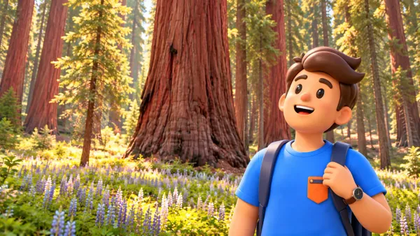 Figur bewundert Riesenmammutbäume in einer Illustration nach einem Foto aus Giant Forest