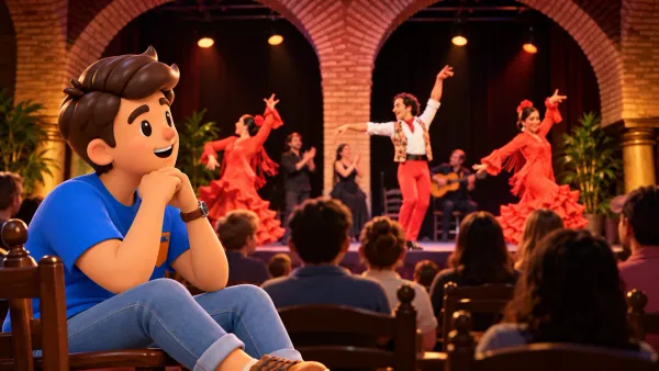 Ein Reisender sieht Flamenco in einem Saal mit Backsteinbögen