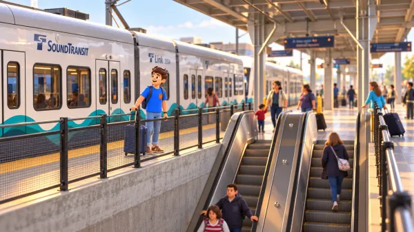 Voyageur près d’un train Link à SeaTac/Airport
