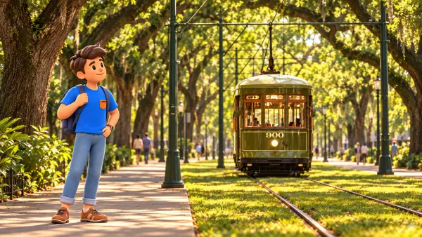 St. Charles streetcar 900 and traveller beside the sidewalk