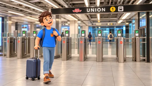 Traveller beside TTC fare gates at Union station
