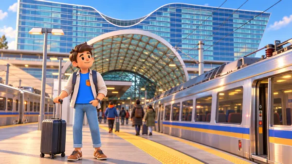 Traveller with luggage at Denver Airport Station beside an A Line train