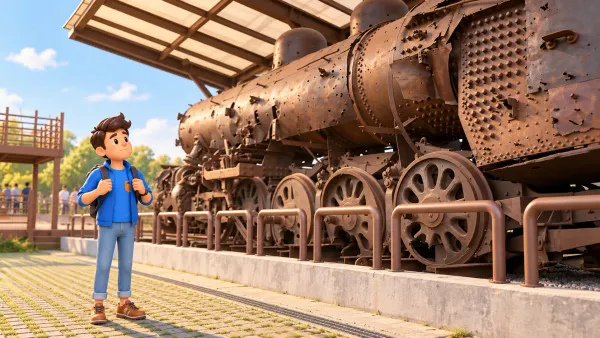 Traveller beside the preserved Jangdan steam locomotive at Imjingak
