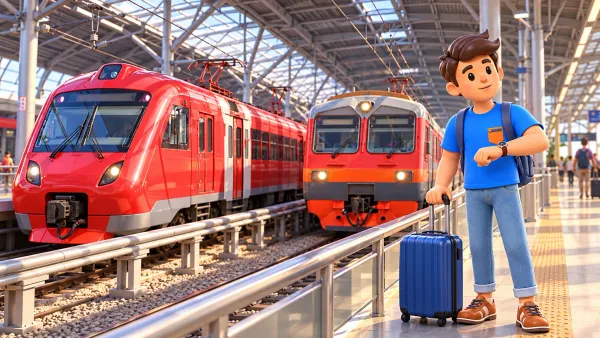 Traveller before two train types at Domodedovo Airport station