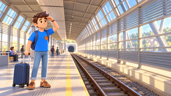 Traveller on the Sochi Airport railway platform drawn from a real photograph