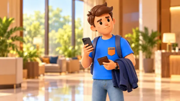 Traveller comparing travel options with phone and wallet