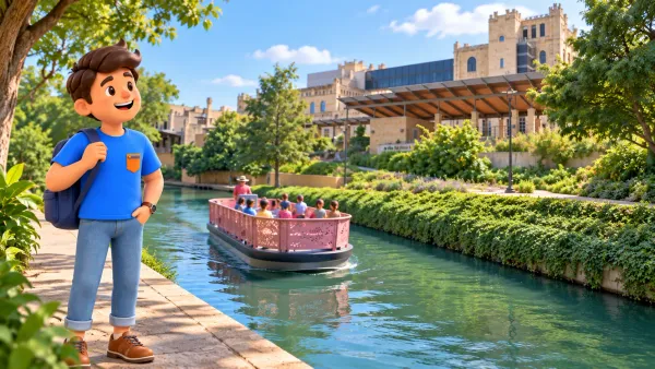 Путешественник у настоящего River Walk и лодки GO RIO рядом со зданиями музея