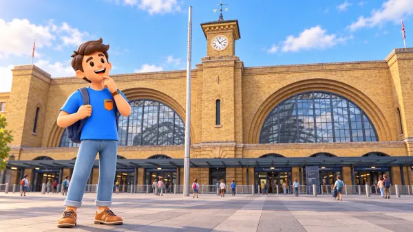 Персонаж у реального фасада King's Cross с двумя арочными окнами и башней с часами.